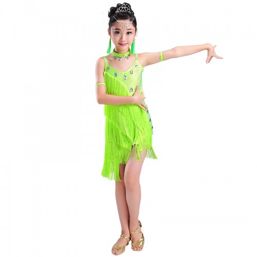 White fuchsia green fringes stones competition girl's latin dance dresses